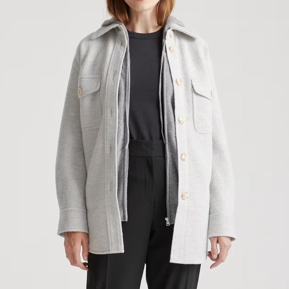 Quince 100% Merino Wool Shirt Jacket Shacket Light Gray Heather Size Small EUC